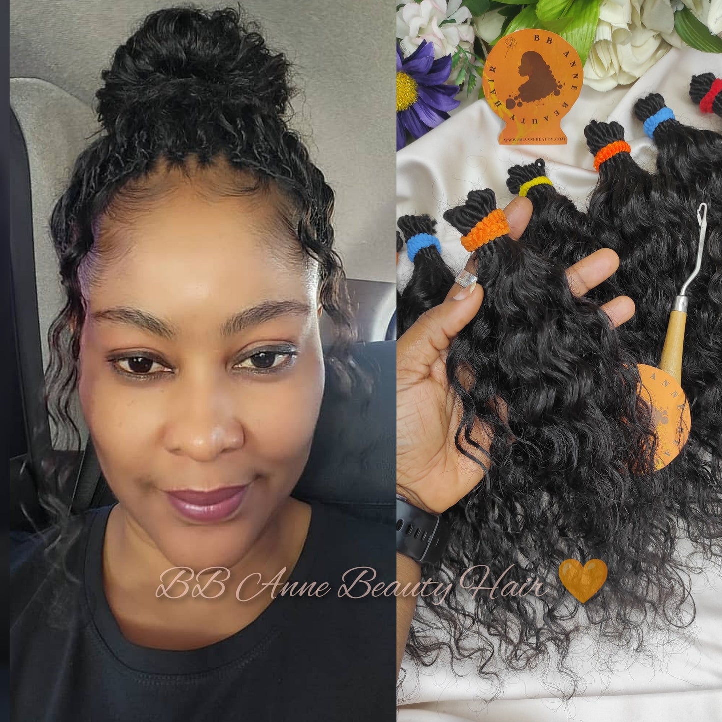 Image shows a person with curly crochet braids and a bundle of the same hair extension product. The second image displays the hair in its natural curly state.