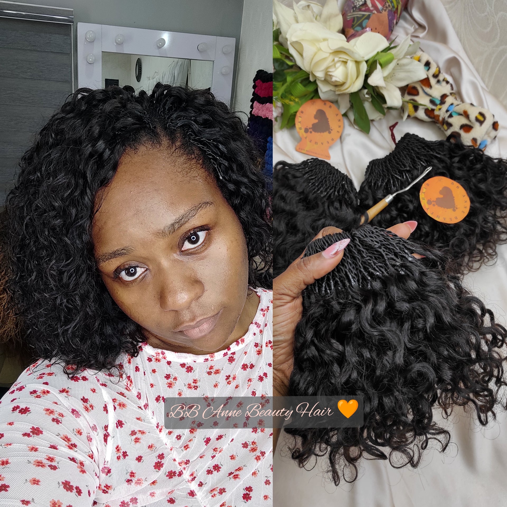 Pre-braided, pre-looped human hair crochet braids installed. Length is 8 inches in the picture.