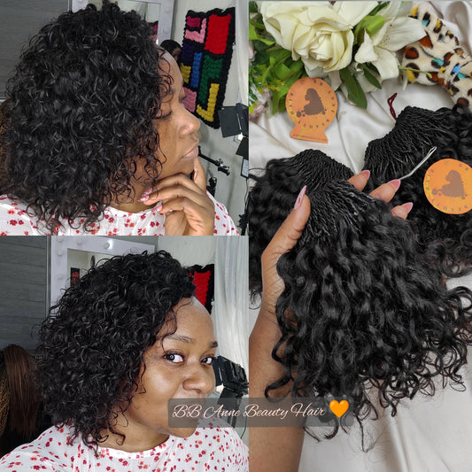 A collage of images showing a person's head with Pixie, water wave curl human hair braids and a close-up of the hair texture. The braids are displayed in two states: as worn by a person and as a product by itself.