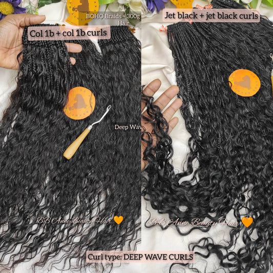 Black hair extensions with deep wave curls held by a hand, labeled 'Col 1b + col 1b curls'.