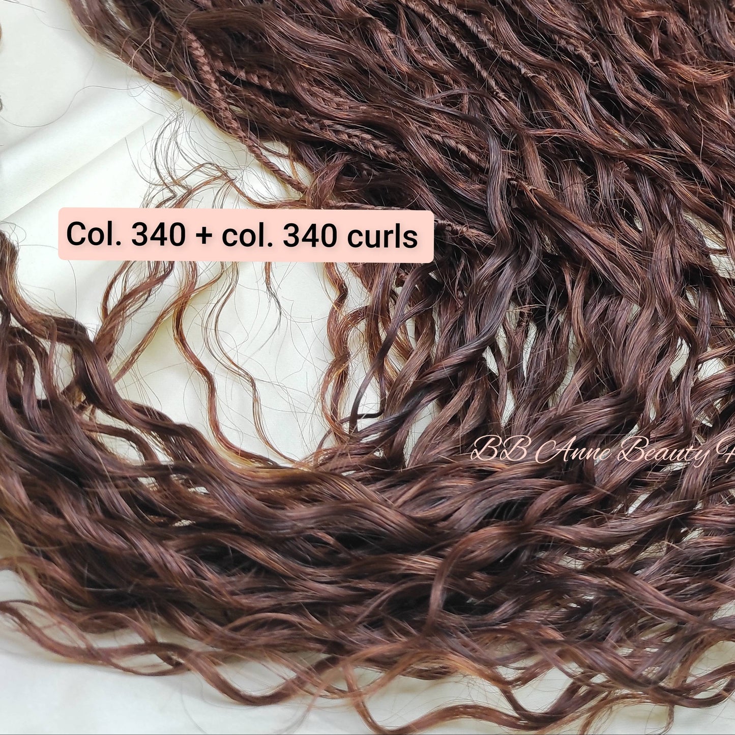 Brown hair extensions with text indicating product name, color options, and length on a white background.