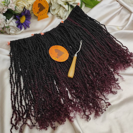 Afro kinky crochet twists in color black and 99j, burgundy. Curly tips.