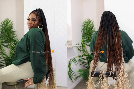 “Model wearing long ombré knotless braided wig with curly ends by BB Anne Beauty, shown with full lace and natural scalp illusion on mannequin heads.