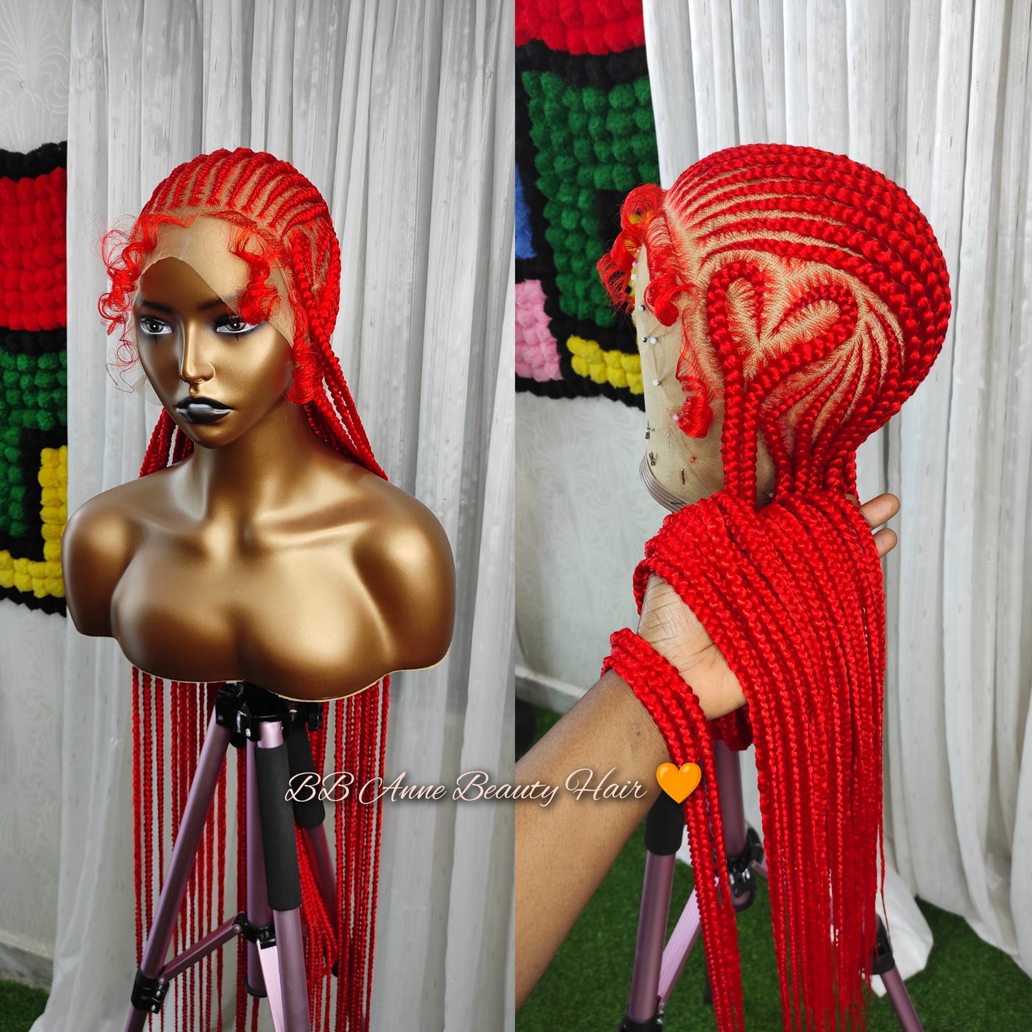 ALL BACK BRAIDS + Heart Design | Full Lace Unit | Colored roots