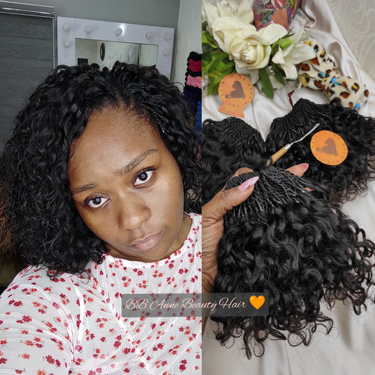 Pre-braided, pre-looped human hair crochet braids installed. Length is 8 inches in the picture.