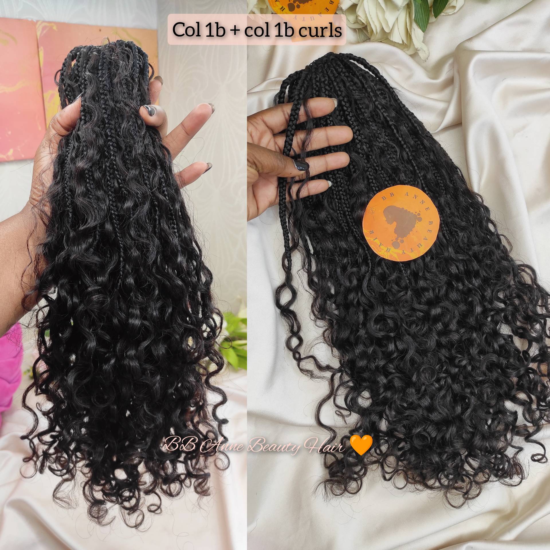 Two images of curly hair extensions held by a hand, with a brand label visible.