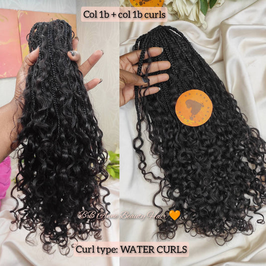 Two images of curly hair extensions with a brand logo, held by a hand.