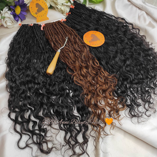 Three bundles of curly hair extensions in black, brown, and blonde on a white surface with flowers in the background.