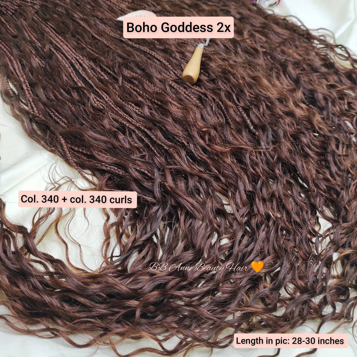 Brown hair extensions with text indicating product name, color options, and length on a white background.