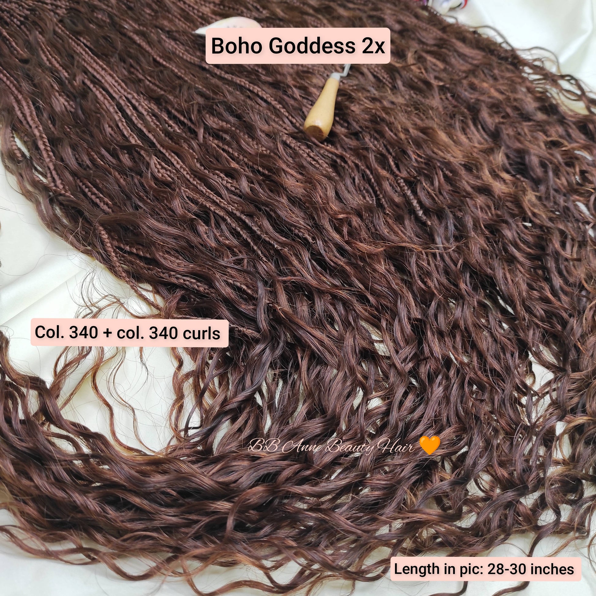 Brown hair extensions with text indicating product name, color options, and length on a white background.