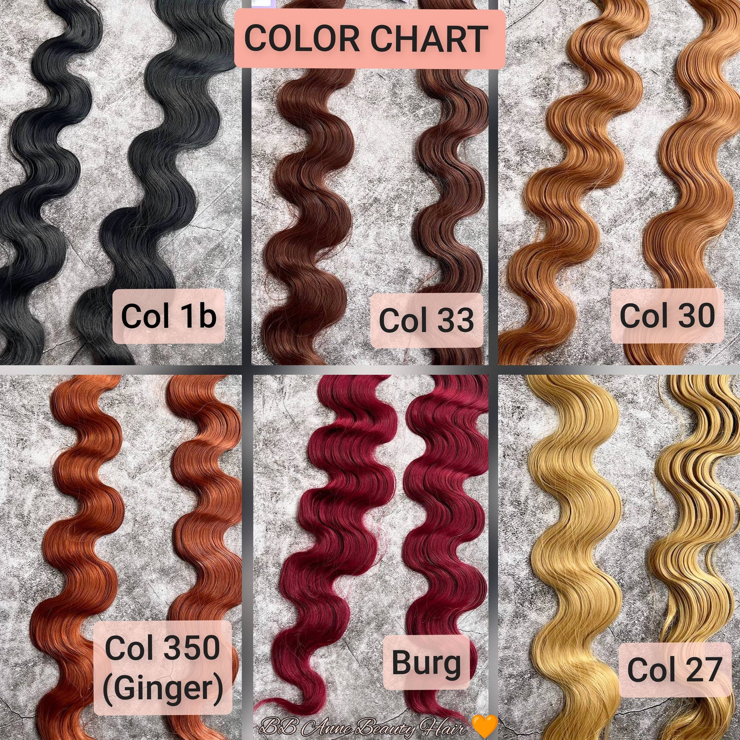 A hair color chart labeled Col 1b, Col 33, Col 30, Col 350 (Ginger), Burg, and Col 27.