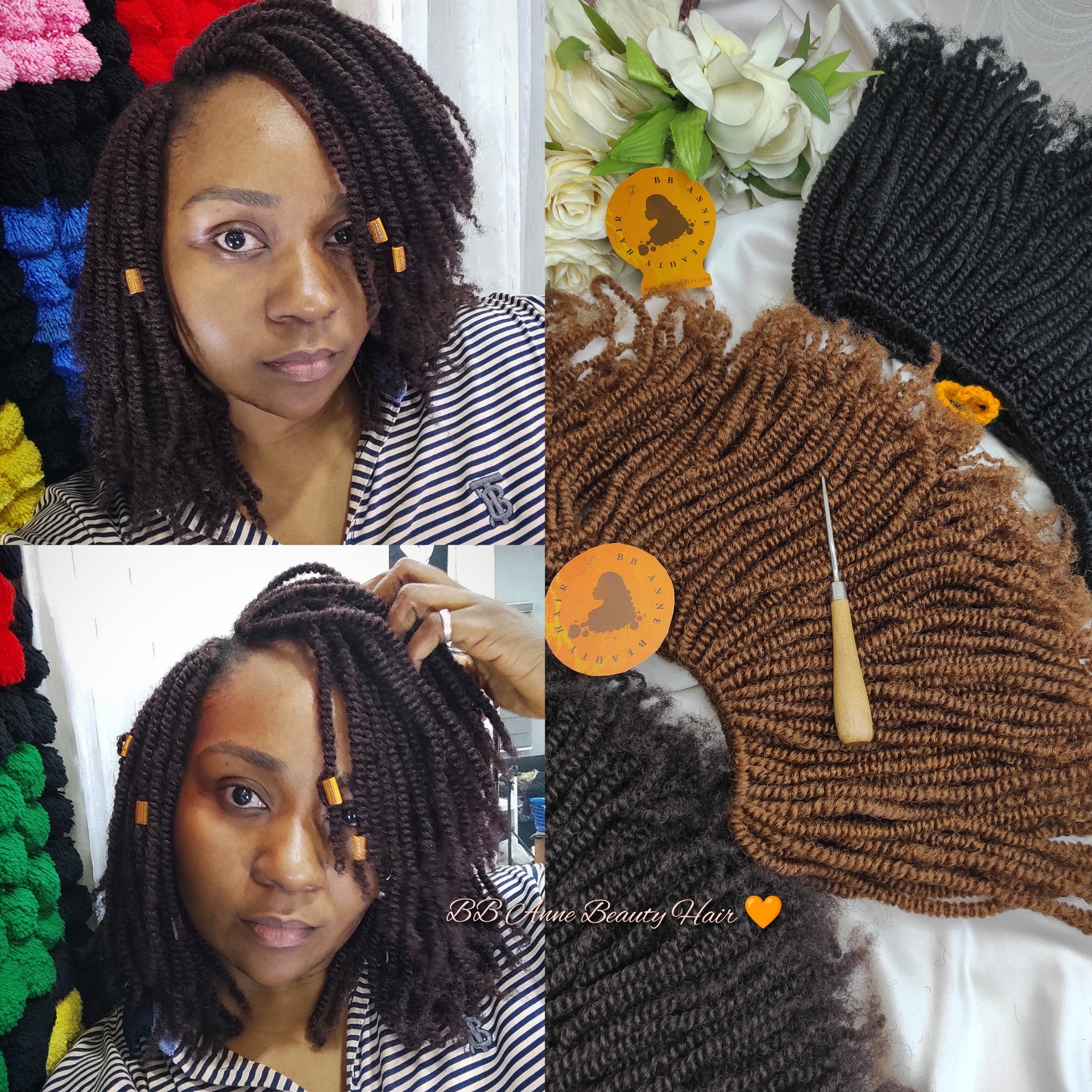 Mini Kinks Afro kinky crochet twists Color 33 on model and color 30, color 1 and color 33 displayed on the table