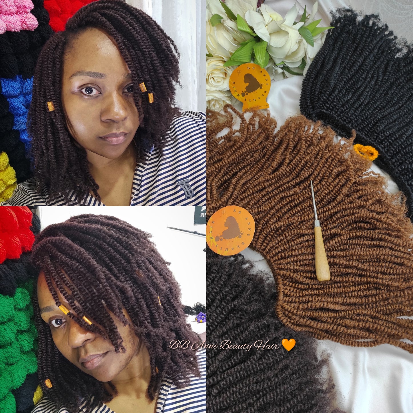 Mini Kinks Afro kinky crochet twists Color 33 on model and color 30, color 1 and color 33 displayed on the table