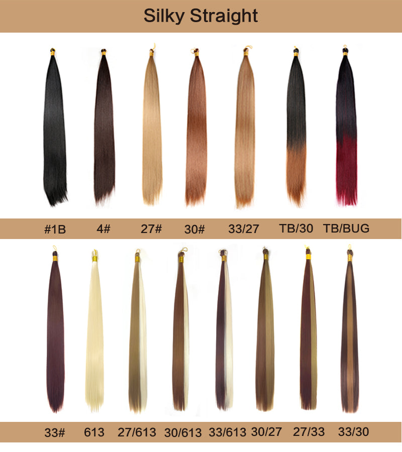 Color chart for silky straight hair extensions with various color options.