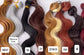 Six bundles of wavy hair extensions in various colors and tones are displayed side-by-side on a white background, with color labels and shade numbers overlaid.