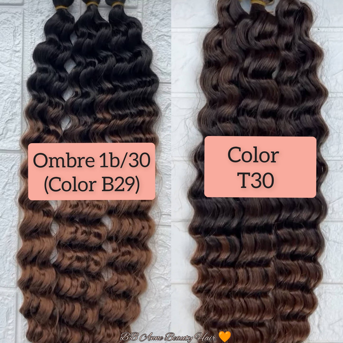 Two bundles of hair extensions labeled 'Ombre 1b/30' and 'Color T30' on a light background.