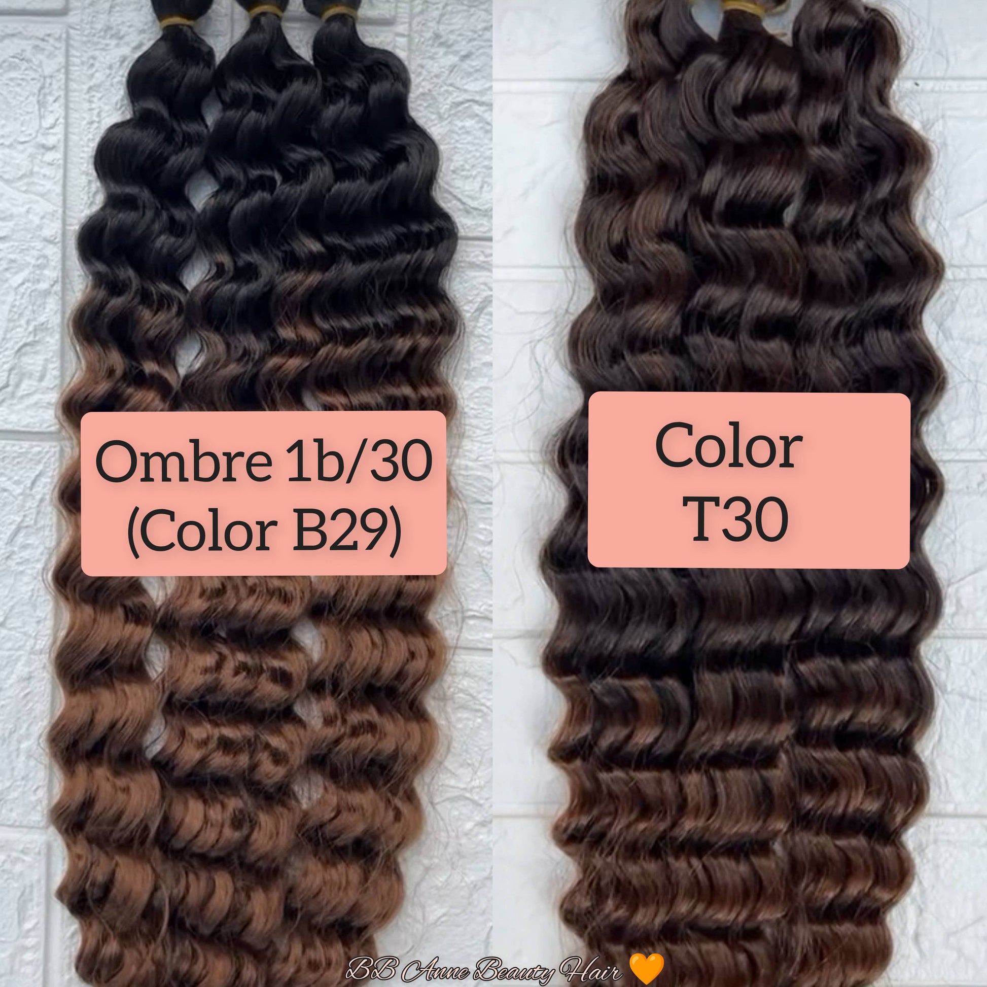 Two bundles of hair extensions labeled 'Ombre 1b/30' and 'Color T30' on a light background.