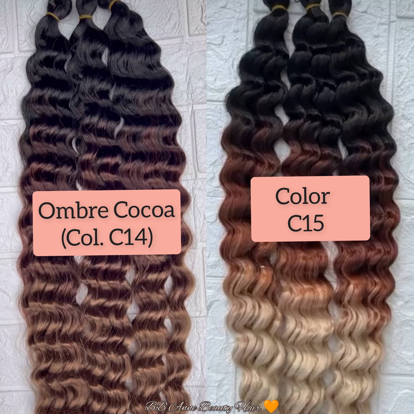 Two bundles of ombre hair extensions labeled 'Ombre Cocoa (Col. C14)' and 'Color C15' on a textured white background.