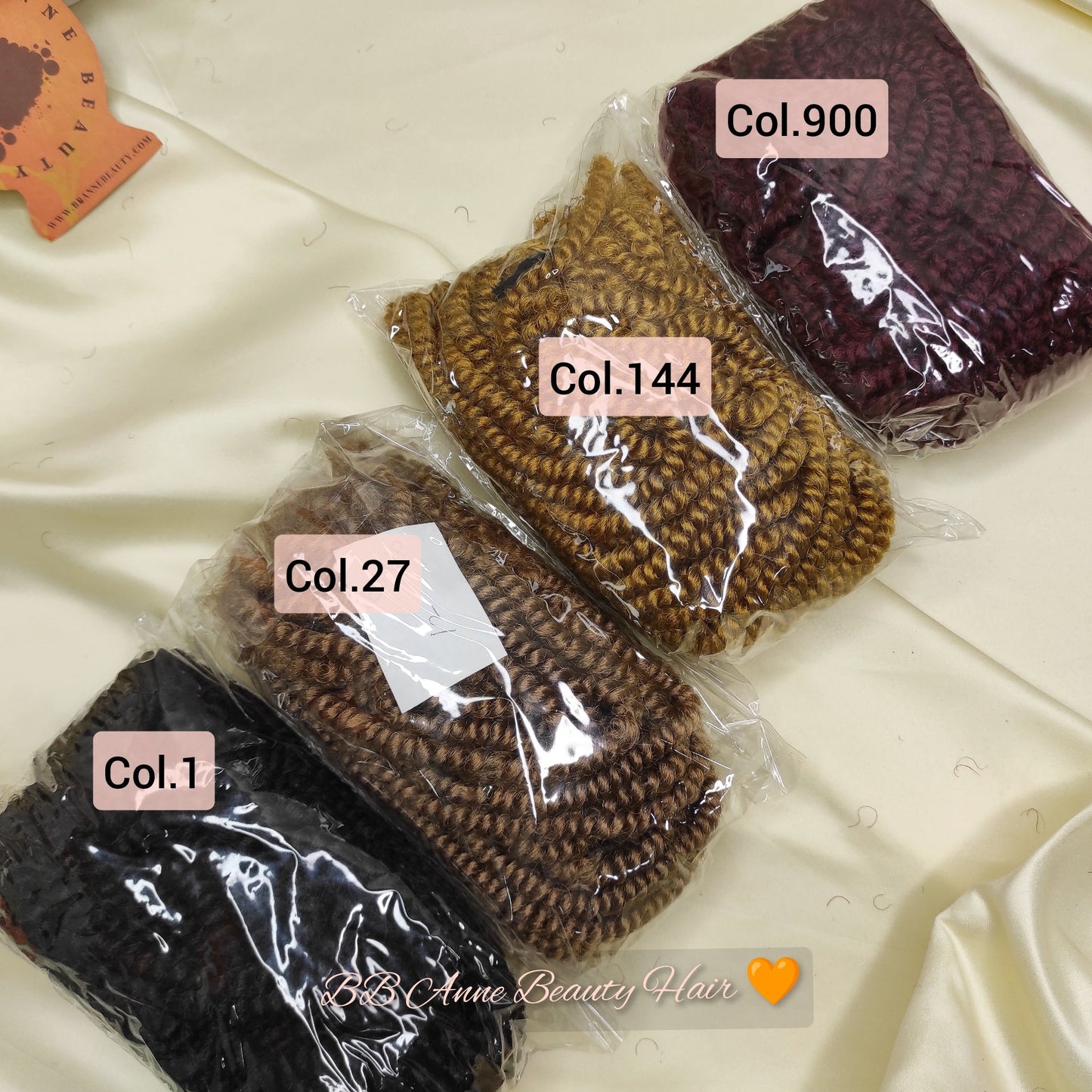 kinky crochet twists color 1, color 27, color 144 and color 900