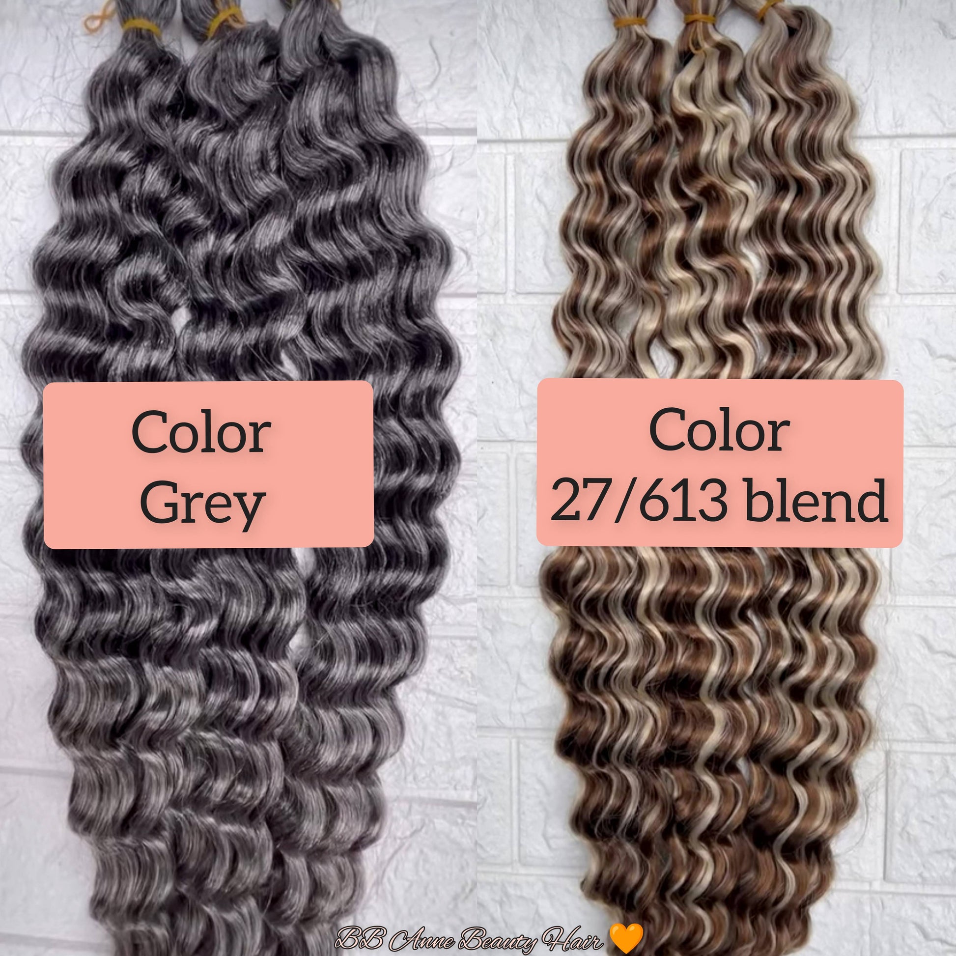 Two bundles of wavy hair extensions, one labeled 'Color Grey' and the other 'Color 27/613 blend', on a white tiled background.