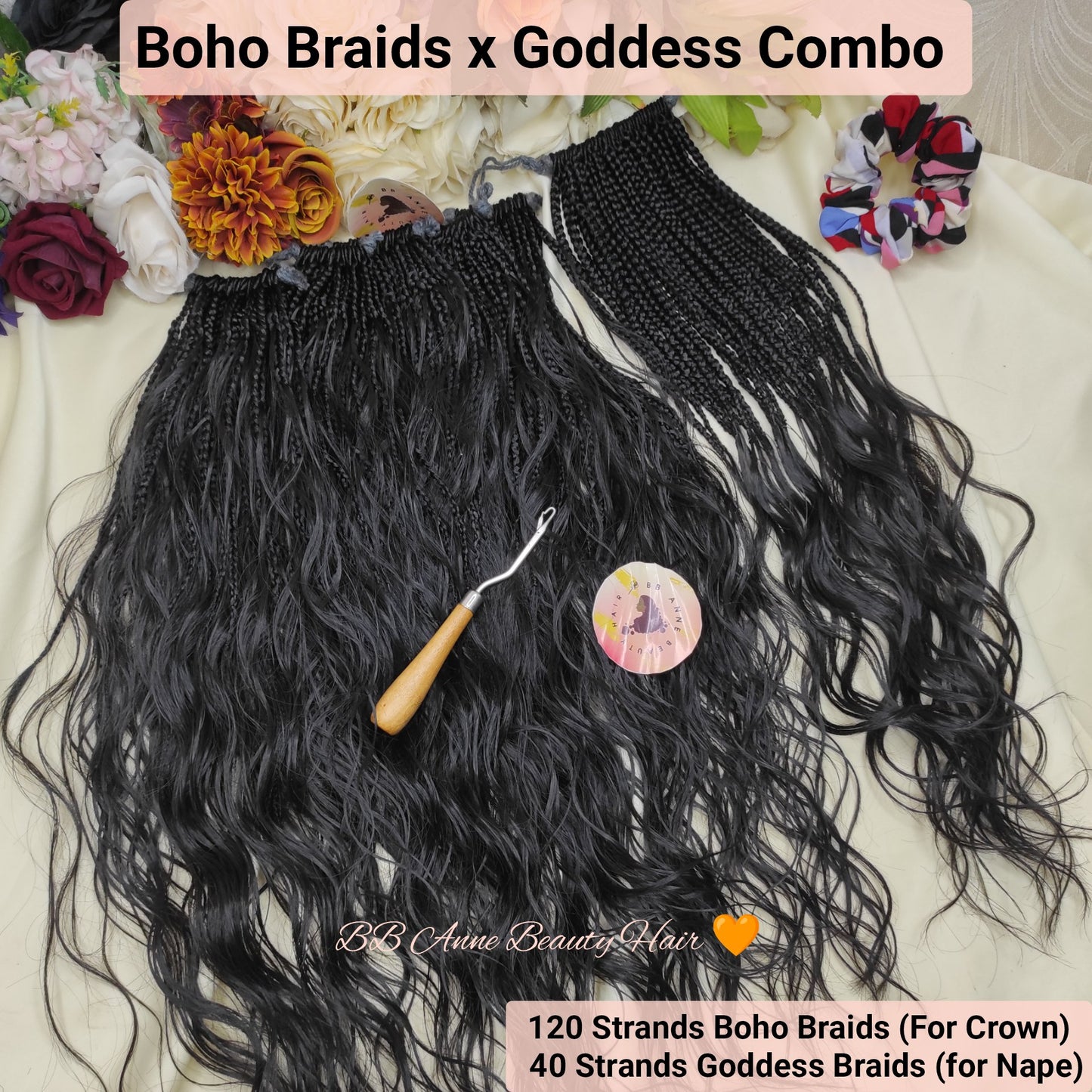 Boho braids and Goddess braids hair extension set. 120 strands of boho braids for the crown and 40 strands of goddess braids for the nape.