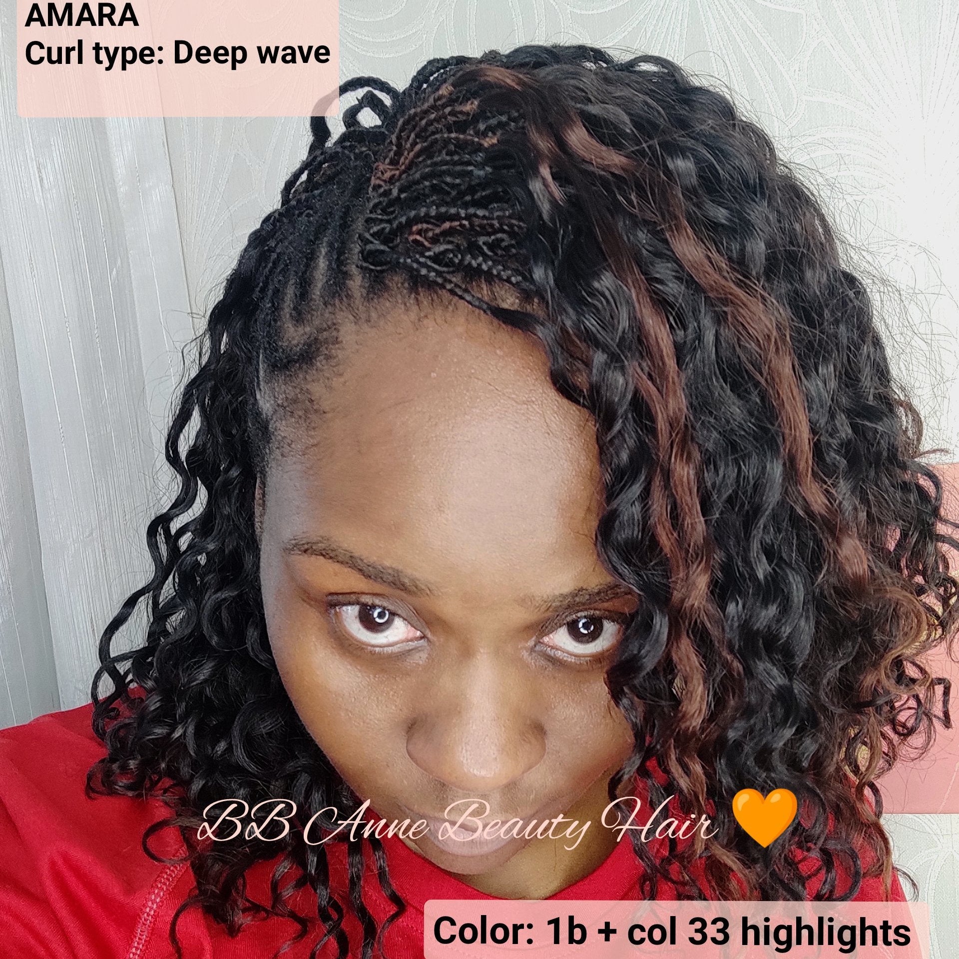 'AMARA Curl type: Deep wave' and 'Color: 1b + col 33 highlights' with a B&B Anne Beauty Hair