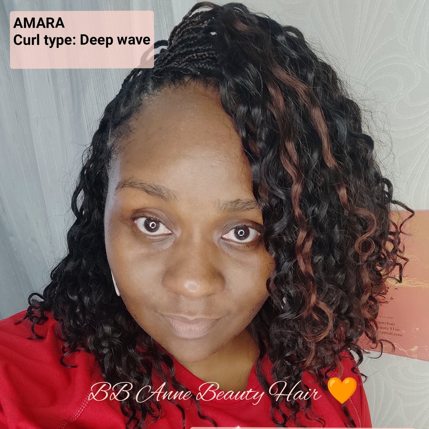 A close-up selfie of a woman showcasing her hair, which features deep waves with warm brown and reddish-brown highlights. Text overlays describe the hair as 'AMARA Curl type: Deep wave' and 'Color: 1b + col 33 highlights', with 'B&B Anne Beauty Hair' written as the brand.