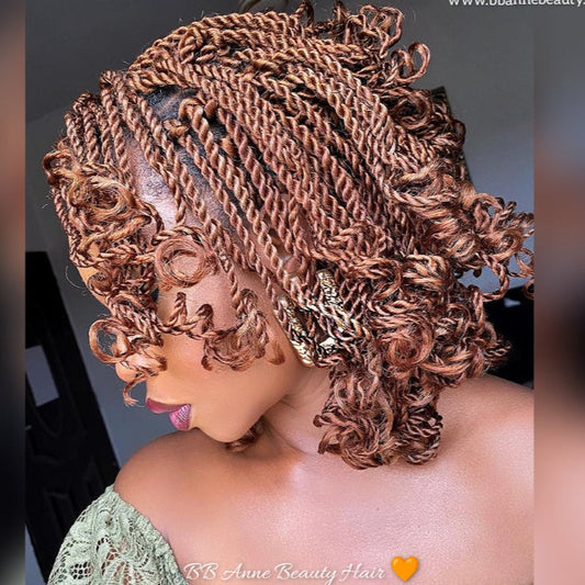 Collage of images showing crochet twists in brown color. Top image shows the product name 'BONNIE Twists', middle image shows a person with the twists, and the bottom image shows a close-up of the hair texture.